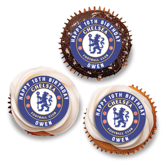 Chelsea FC themed personalized cupcakes toppers