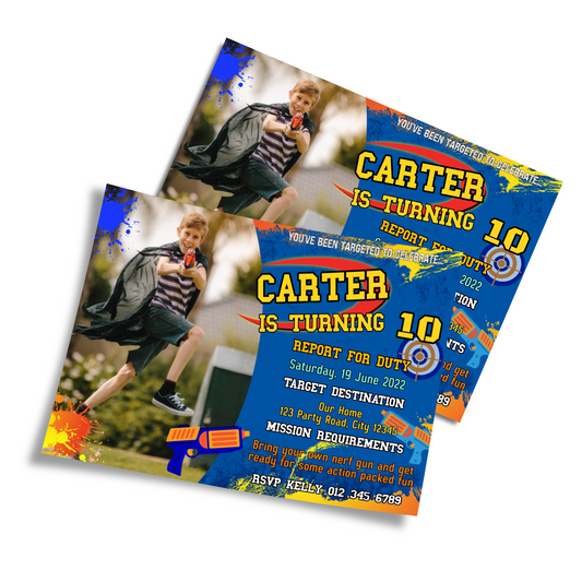Personalized photo card invitations with a Nerf theme, making your invitations unique.