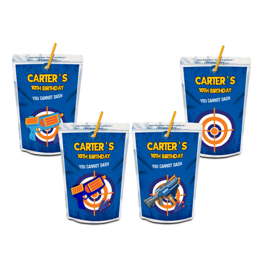 Nerf-themed Caprisun label or juice pouch label, perfect for your party drinks.