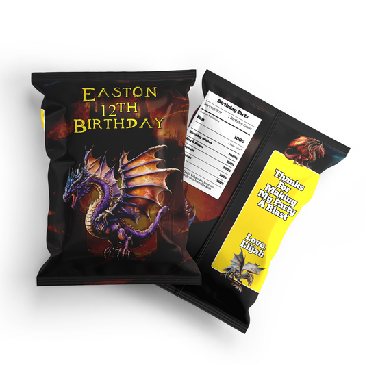 Chips bag label with a Dragon theme