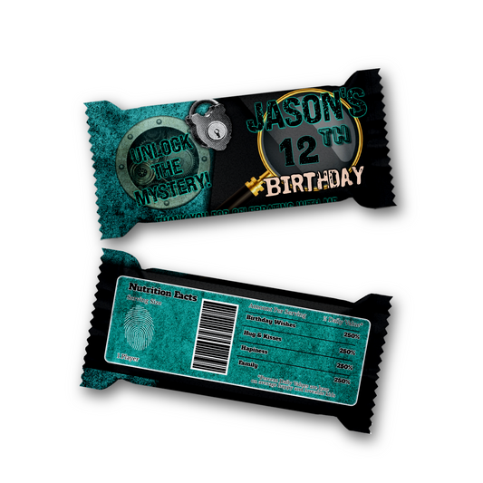 Rice Krispies treats label and candy bar label with an Escape Room theme