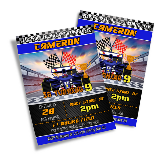 Personalized birthday card invitations with a Formula One theme