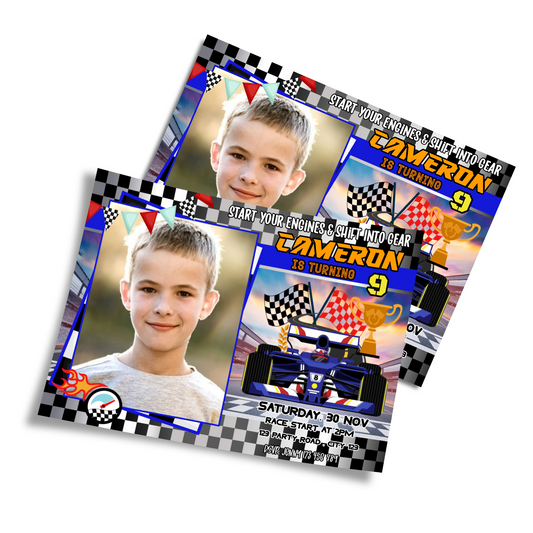 Personalized photo card invitations with a Formula One theme