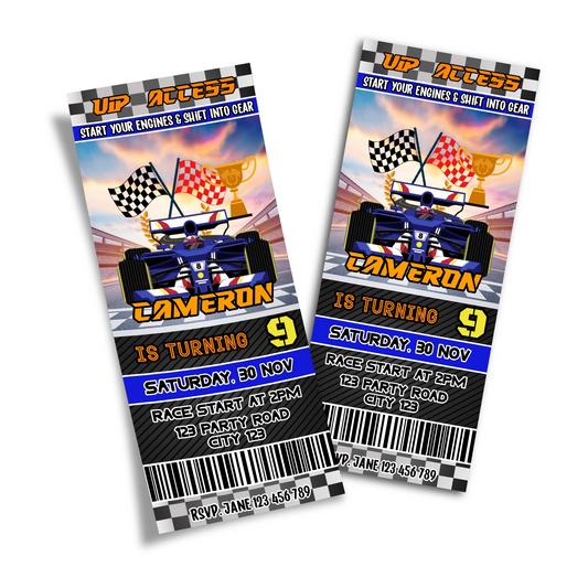 Personalized birthday ticket invitations with a Formula One theme