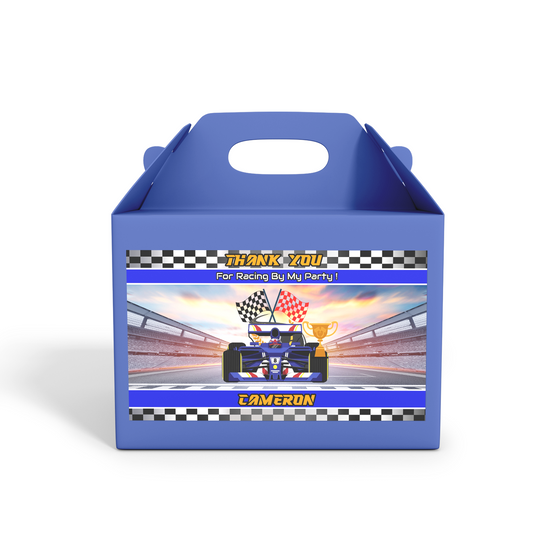 Gable box label with a Formula One theme