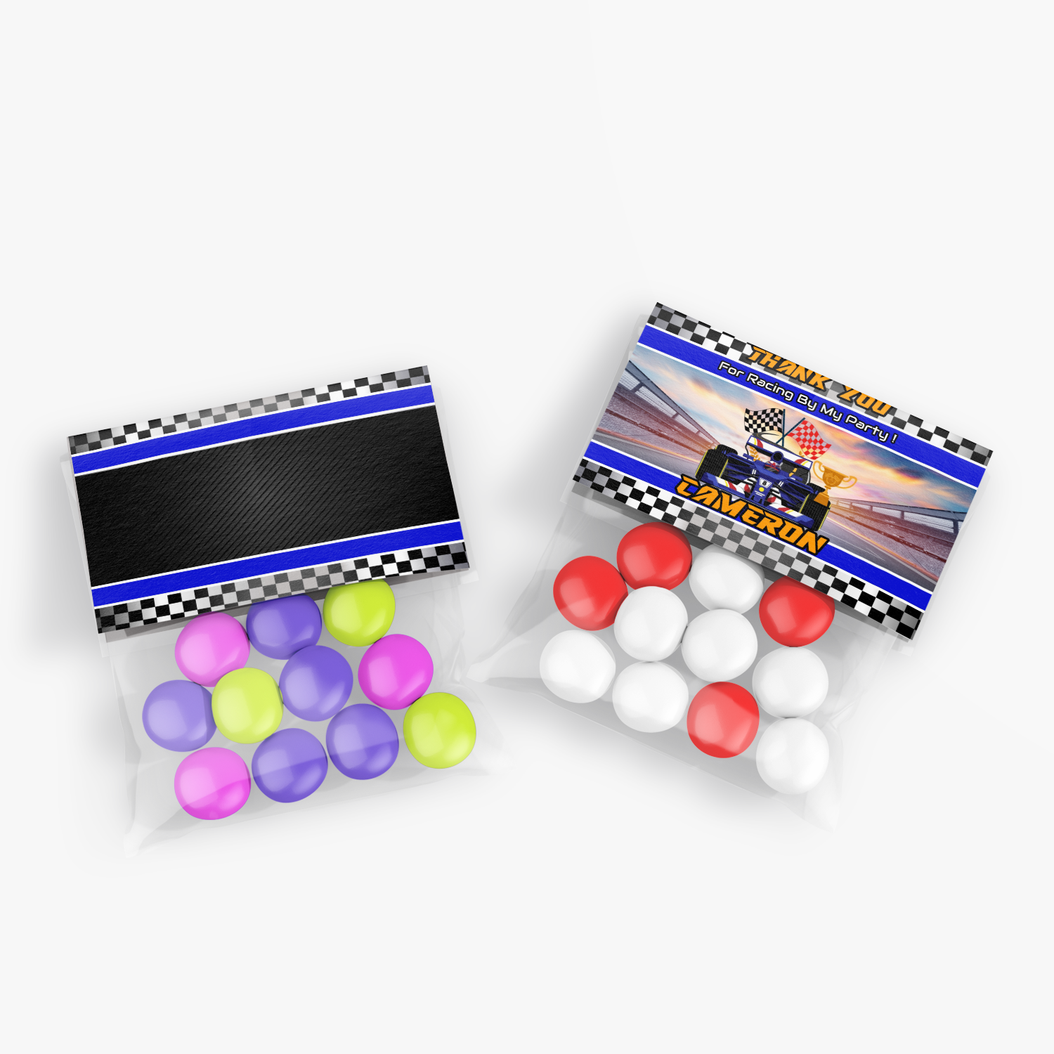Treat bag label or candy bag label with a Formula One theme