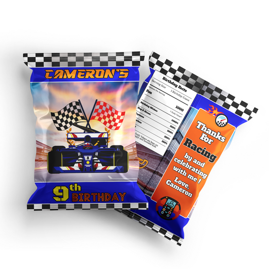Chips bag label with a Formula One theme