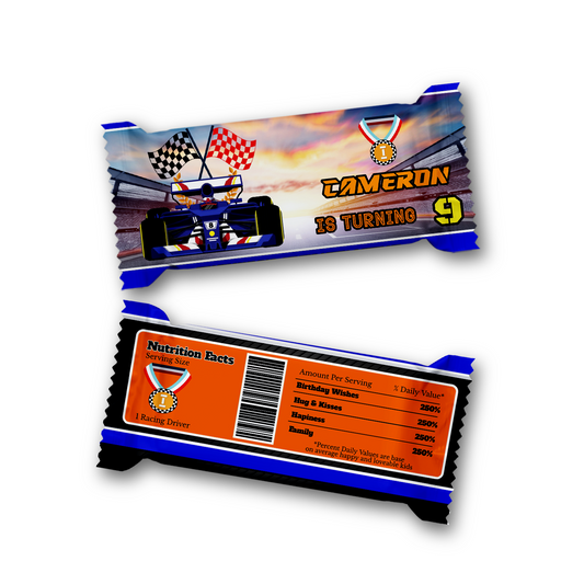 Rice Krispies treats label and candy bar label with a Formula One theme
