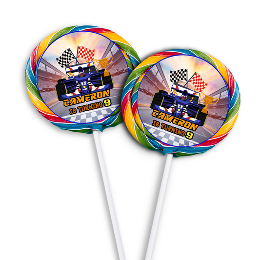 Lollipop label with a Formula One theme