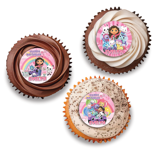Image of cupcakes with personalized Gabby’s Dollhouse toppers.
