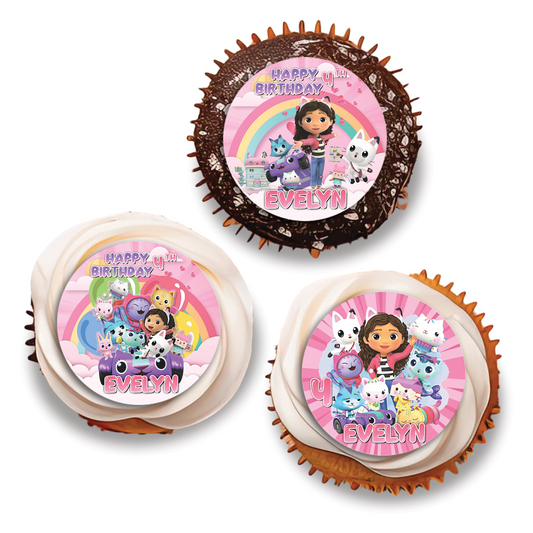 Image of cupcakes with personalized Gabby’s Dollhouse toppers.