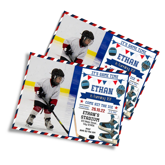 Photo card invitations personalized with hockey elements