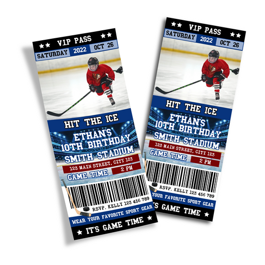 Photo ticket invitations with a unique, personalized hockey theme