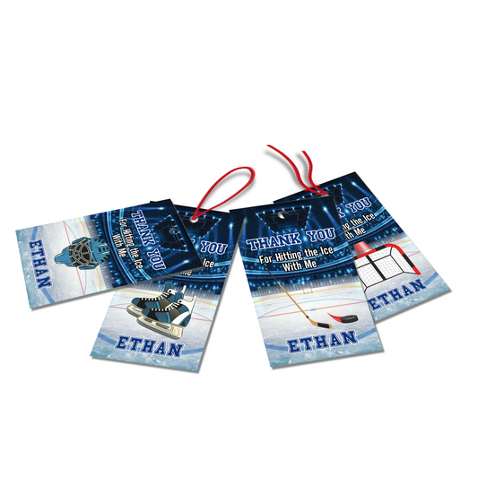 Favor tags or thank you tags adorned with custom hockey graphics