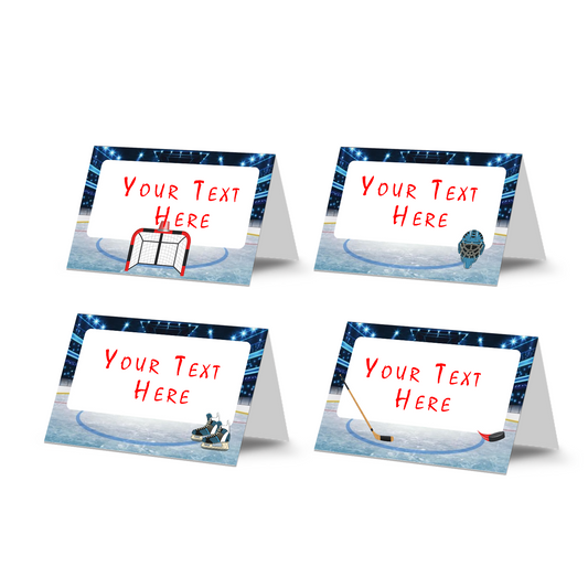 Food tents or food cards featuring personalized hockey imagery