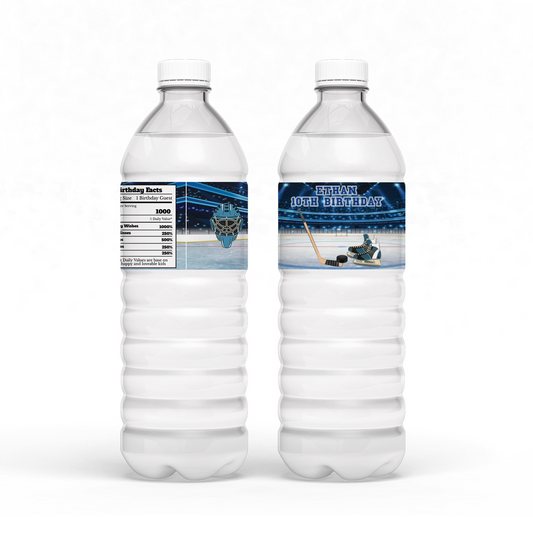 Custom labels for water bottles with a unique, themed, and personal touch of Hockey design.