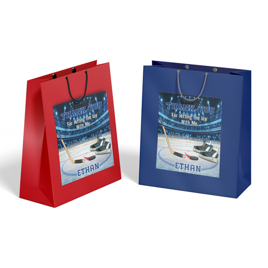 Gift bag labels that are uniquely designed to fit the Hockey theme.