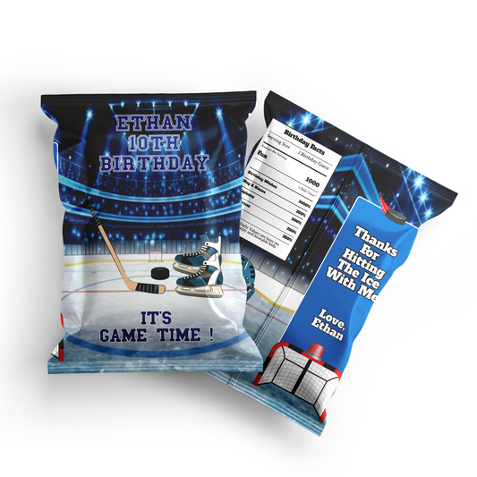 Chips bag labels that are uniquely crafted to fit into the festive mood of a Hockey-themed event.