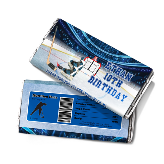 Hershey’s chocolate 1.55oz label adorned with an exclusive and festive look of the Hockey theme.
