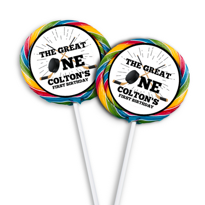 Personalized Hockey 1st Birthday Lollipop Label for a sweet party favor