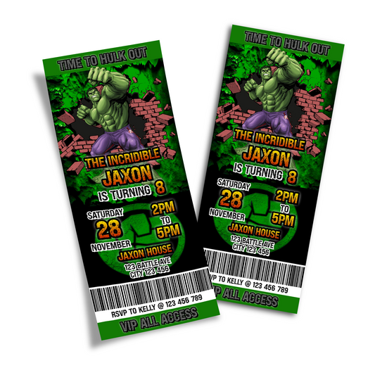 Personalized Birthday Ticket Invitations with Incredible Hulk design