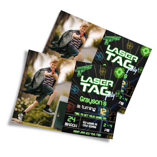 Personalized Photo Card Invitations for a Laser Tag themed party