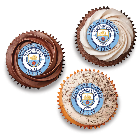 Manchester City FC themed personalized cupcakes toppers