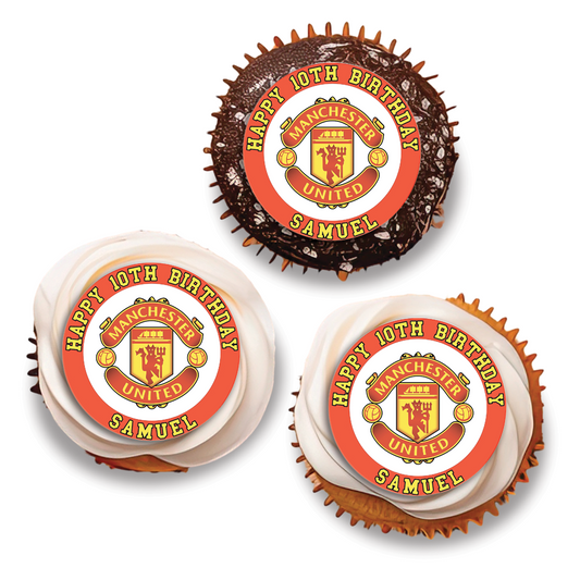 Manchester United FC themed personalized cupcakes toppers