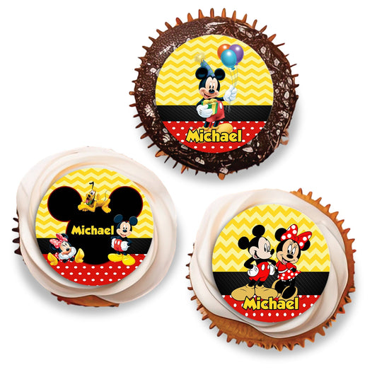 Personalized Cupcakes Toppers adorned with Mickey & Minnie Mouse