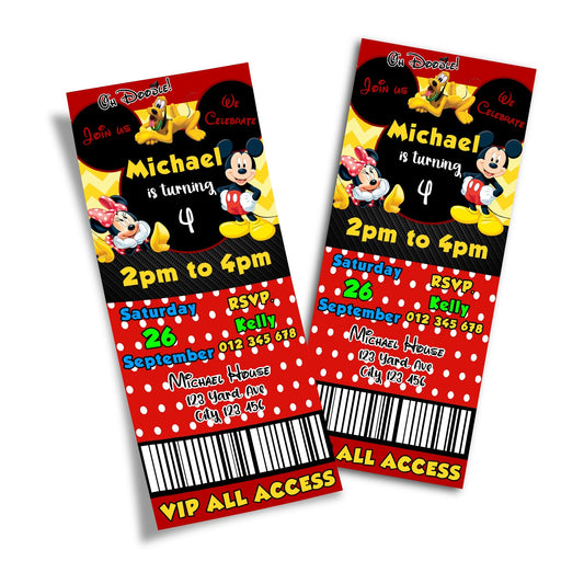 Personalized Birthday Ticket Invitations featuring Mickey & Minnie Mouse
