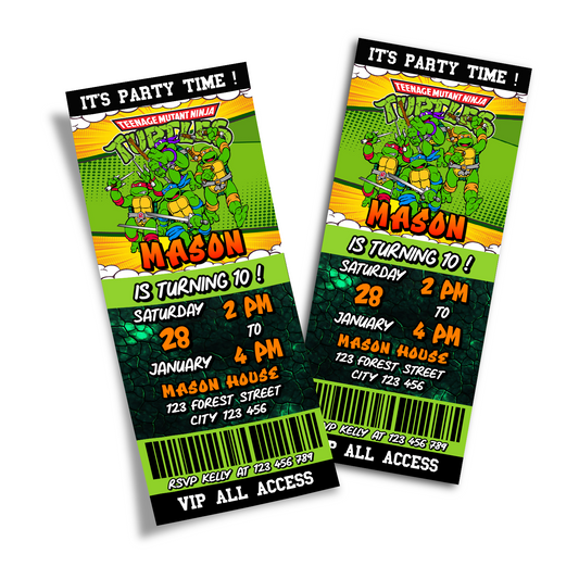 Personalized Teenage Mutant Ninja Turtles birthday ticket invitations
