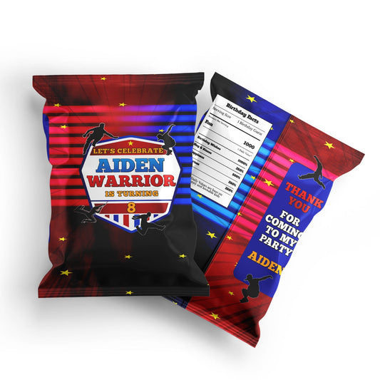 Ninja Warrior themed chips bag label