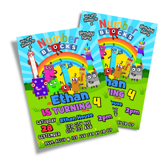 NumberBlocks Themed Personalized Birthday Card Invitations