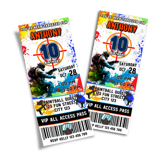 Personalized Birthday Ticket Invitations for Paint Ball Games