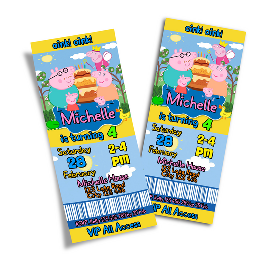 Peppa Pig themed Personalized Birthday Ticket Invitations