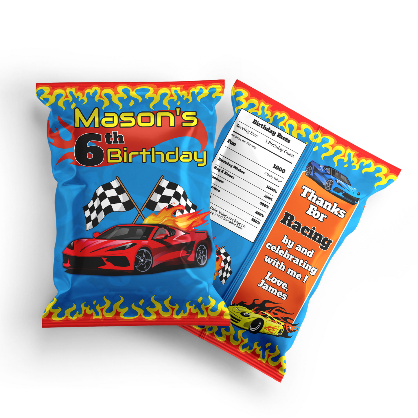Chips Bag Label for Race Car, Hotwheels, Nascar Games