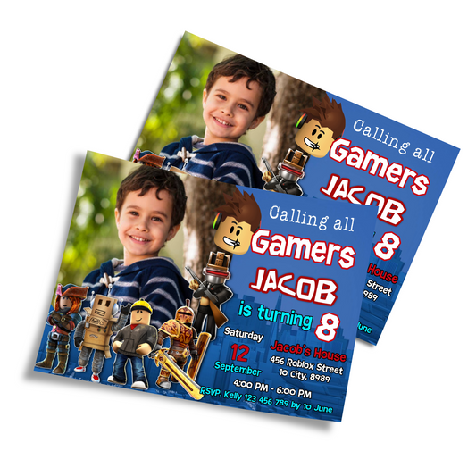 Roblox themed personalized photo card invitations