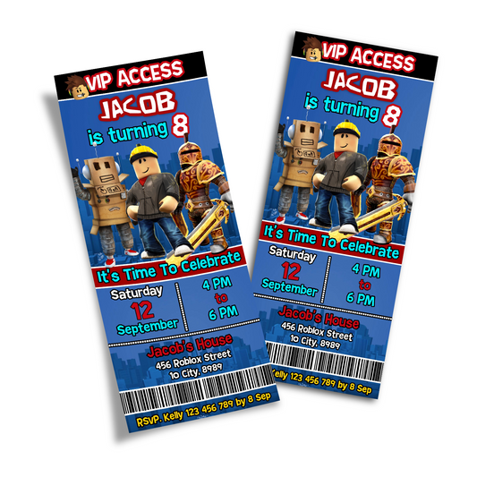 Roblox themed personalized birthday ticket invitations
