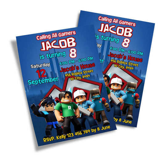 Roblox themed personalized birthday card invitations
