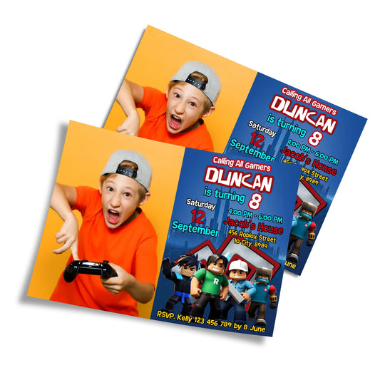 Roblox themed personalized photo card invitations