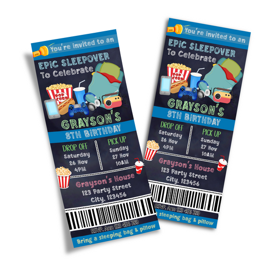 Personalized Birthday Ticket Invitations for a Sleepover Party