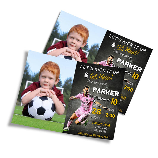 Personalized photo card invitations with Lionel Messi theme