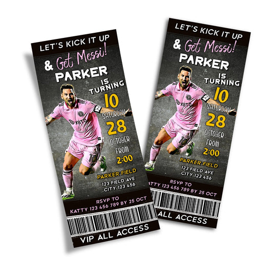 Personalized birthday ticket invitations featuring Lionel Messi