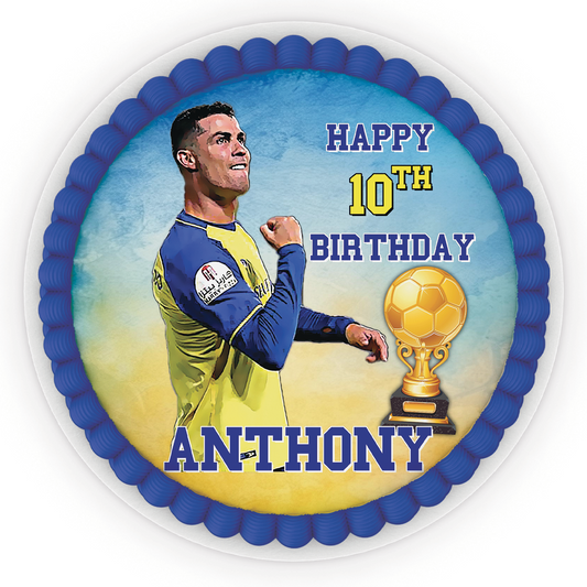 Round personalized cake images with Cristiano Ronaldo theme