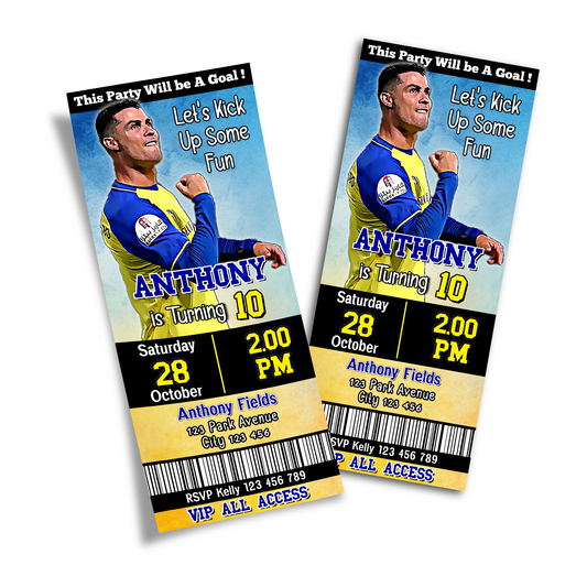 Personalized birthday ticket invitations featuring Cristiano Ronaldo