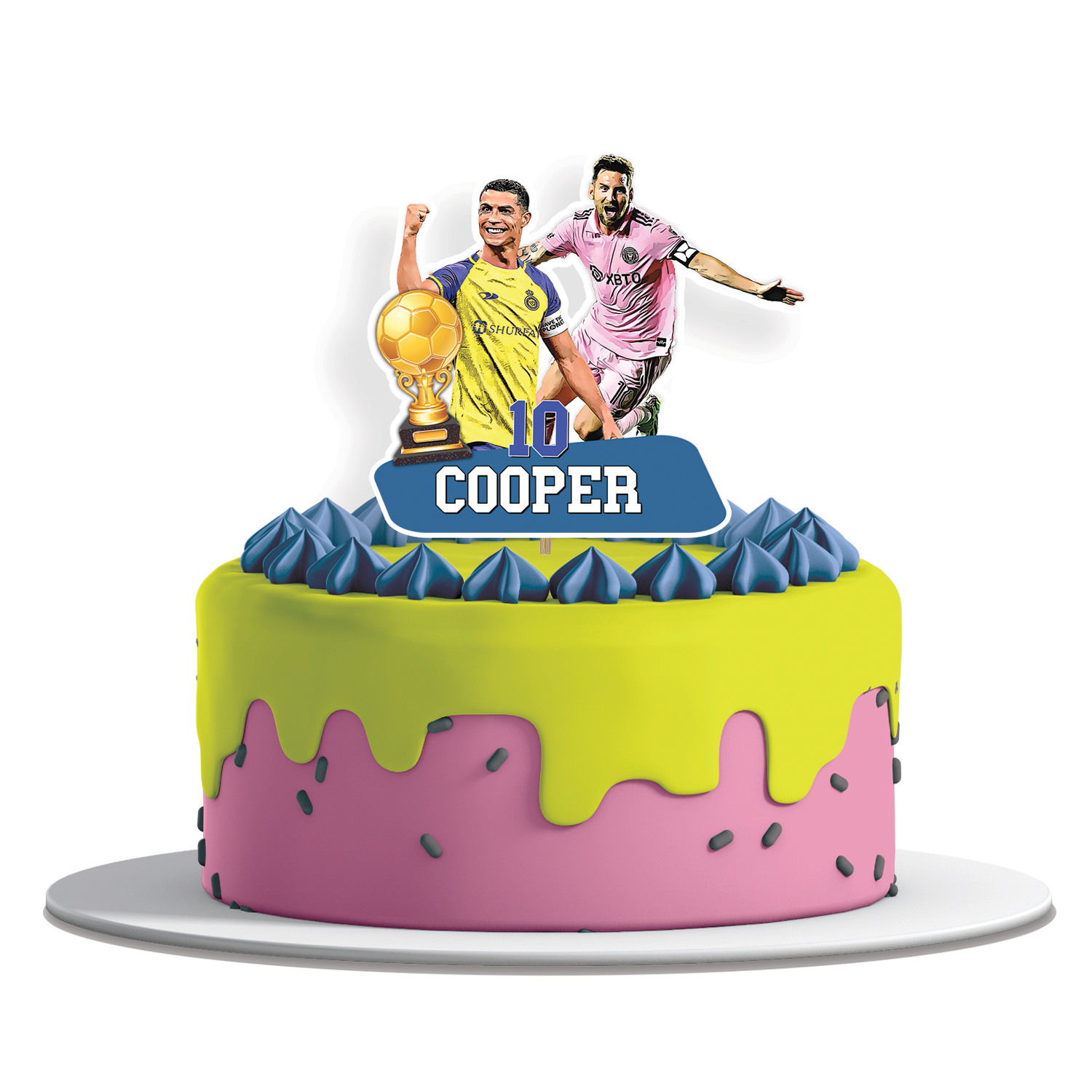 Personalized cake toppers featuring Messi & Ronaldo