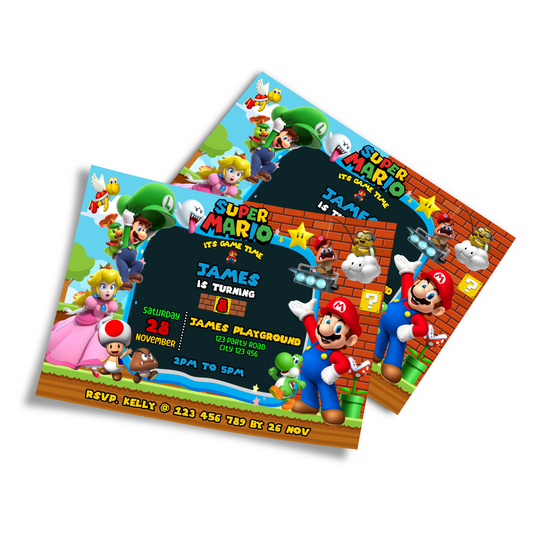 Super Mario themed personalized birthday card invitations