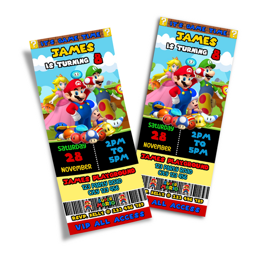 Super Mario themed personalized birthday ticket invitations