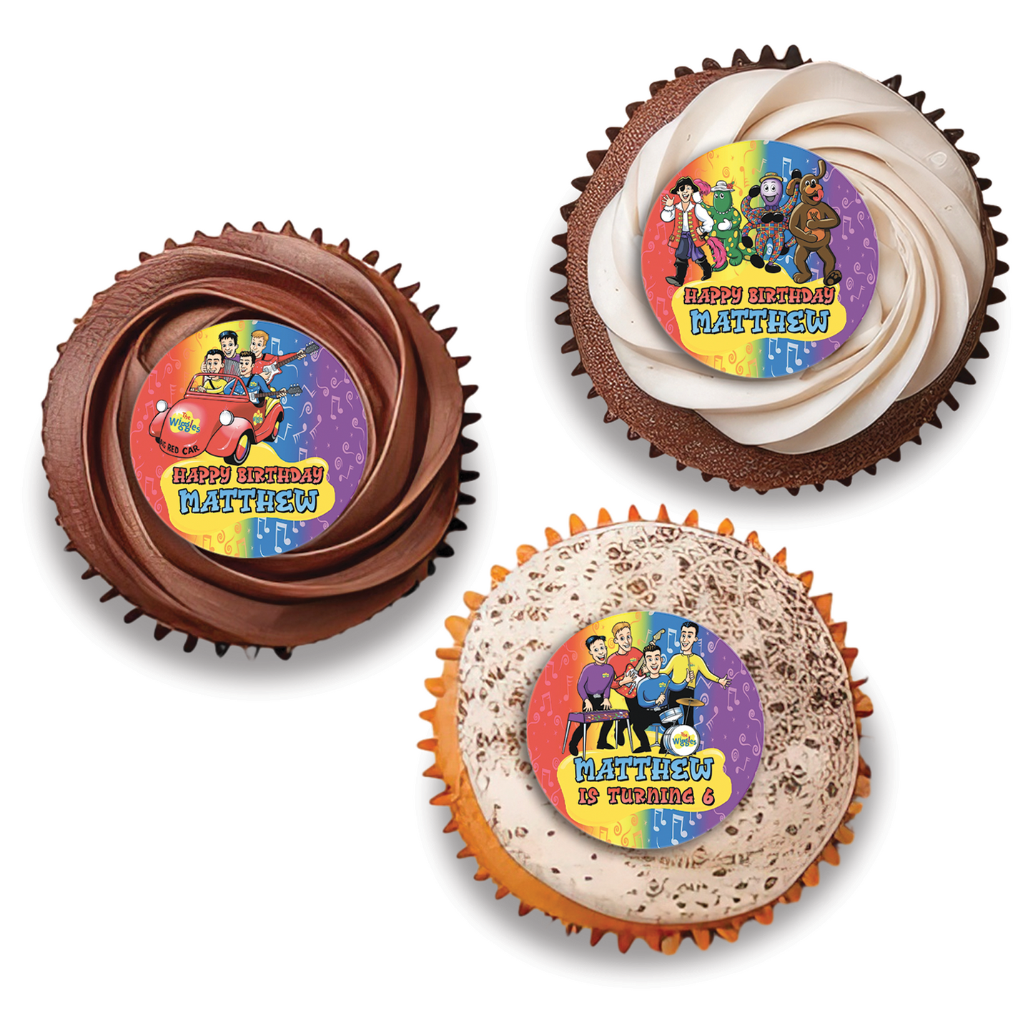 Personalized The Wiggles Cupcake Topper 3cm for Kids Birthday: Customized The Wiggles cupcake toppers 3cm with your child’s name and age.