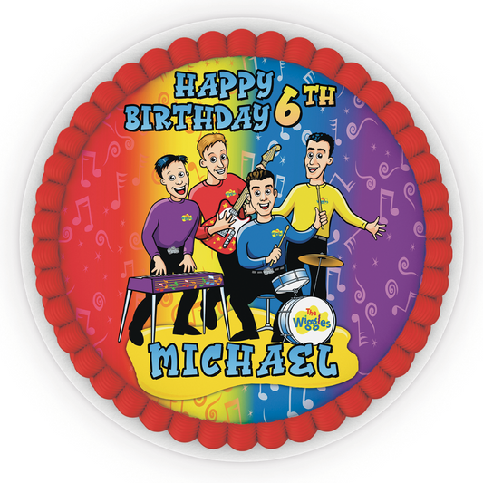 Personalized The Wiggles Edible Cake Image 16.5cm Diameter for Kids Birthday Party: A customized The Wiggles edible cake image 16.5cm diameter with your child’s name and age.